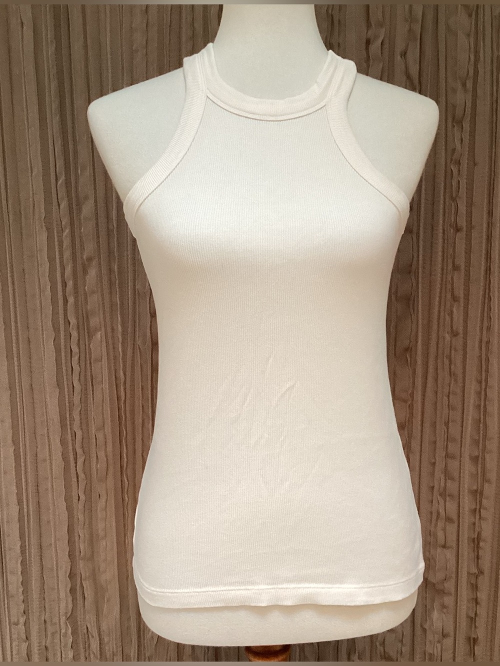 LOFT White Ribbed Racerback Tank Top, high neck & cut in front, stretch, Medium
